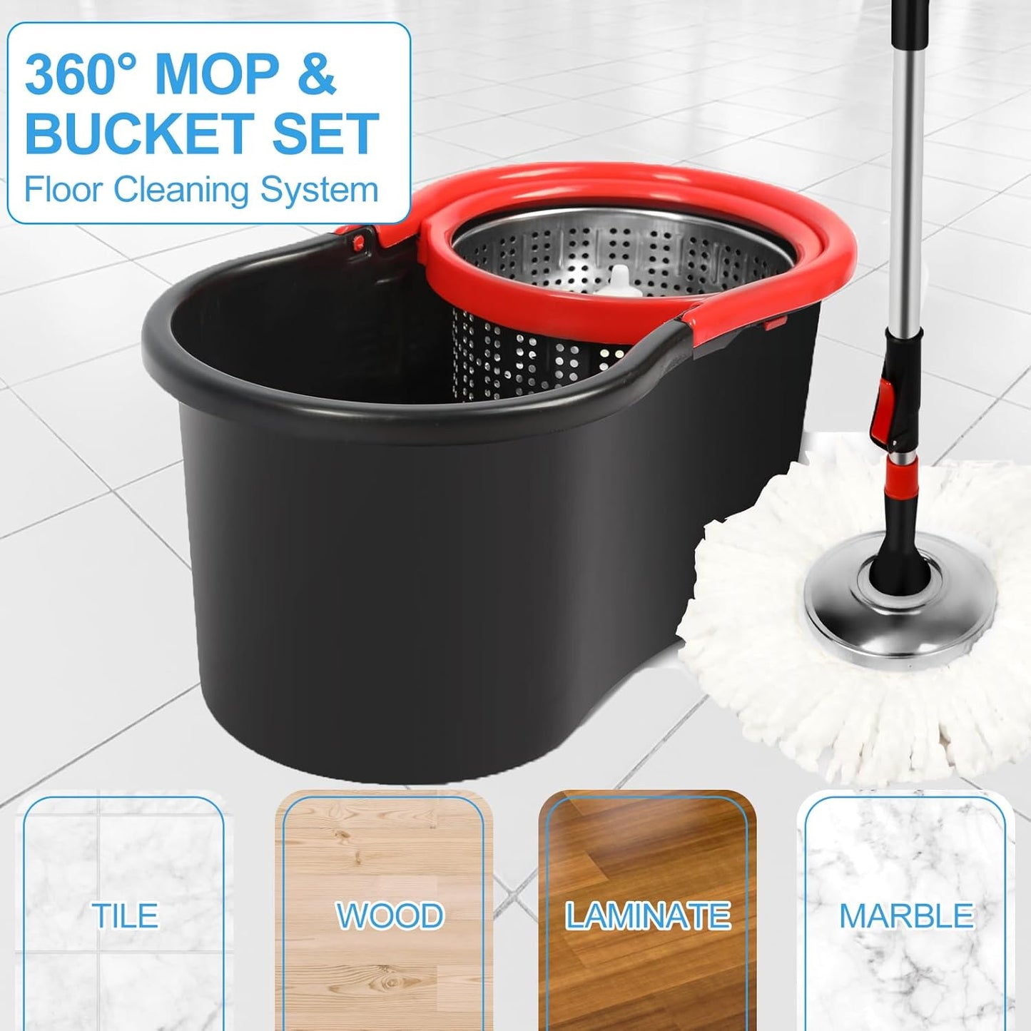 Spin Mop and Bucket with Wringer Set on Wheels, 360 Spinning Mop with Stainless Steel Handle for All Hard Surfaces, Floor Cleaning System with 3 Microfiber Replacement Heads, Black/Red