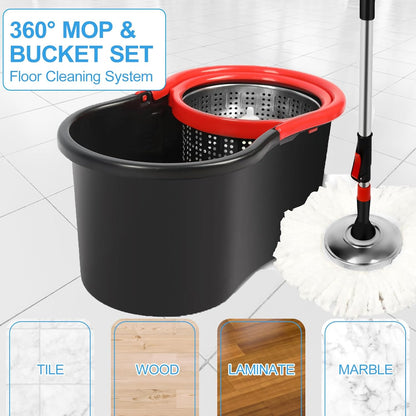 Spin Mop and Bucket with Wringer Set on Wheels, 360 Spinning Mop with Stainless Steel Handle for All Hard Surfaces, Floor Cleaning System with 3 Microfiber Replacement Heads, Black/Red