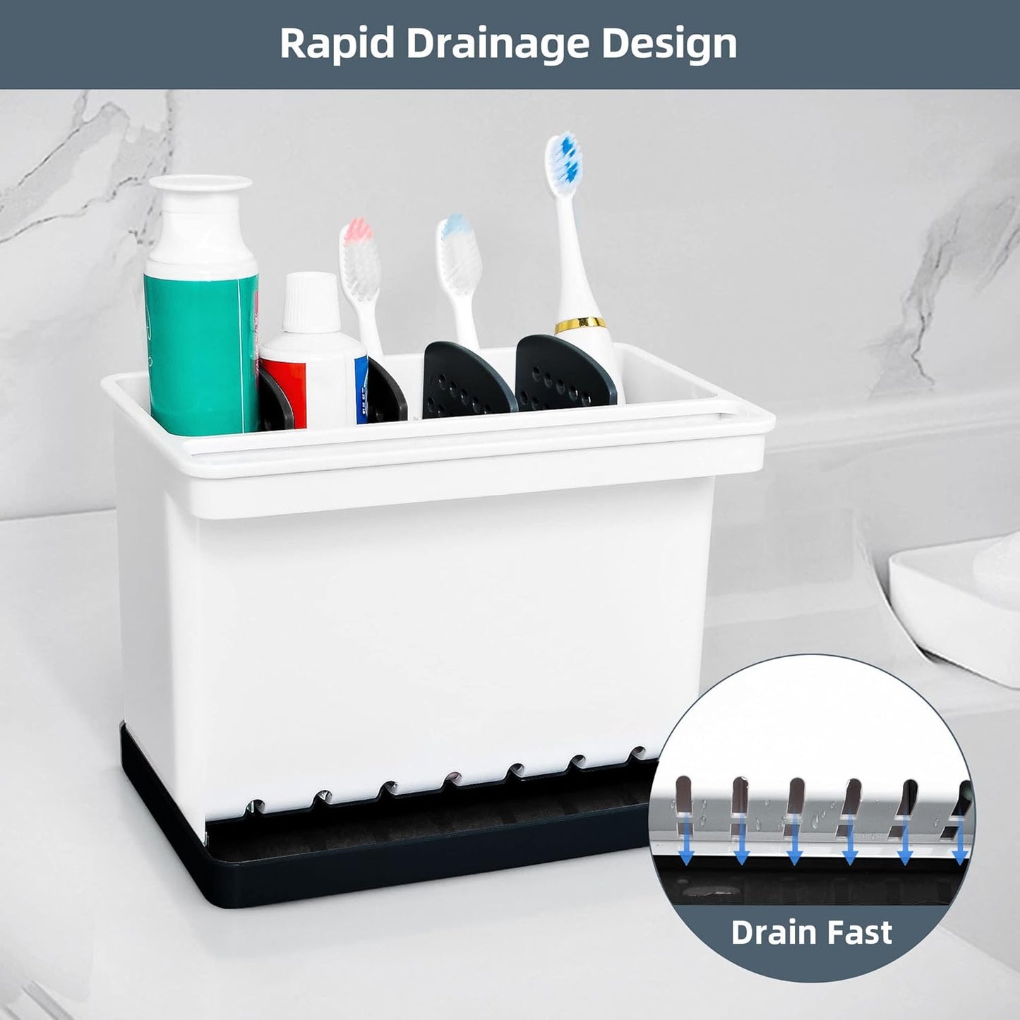 JOMOLA Kitchen Sink Organizer Dish Brush Sponge Holder Caddy Toothbrush Holders for Bathrooms Sinkware Kitchen Utensil Holder Sink Caddy Organizer with 4 Separate Dividers Removable Drain Tray (Grey)