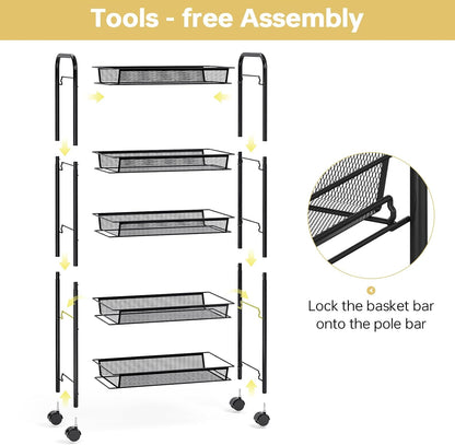 TOOLF 3-Tier Metal Rolling Cart, Mesh Wire Easy Assemble Utility Cart, Storage Trolley on Wheels with 3 Hooks, MetalStorage Shelving Units for Kitchen Bathroom Laundry Room
