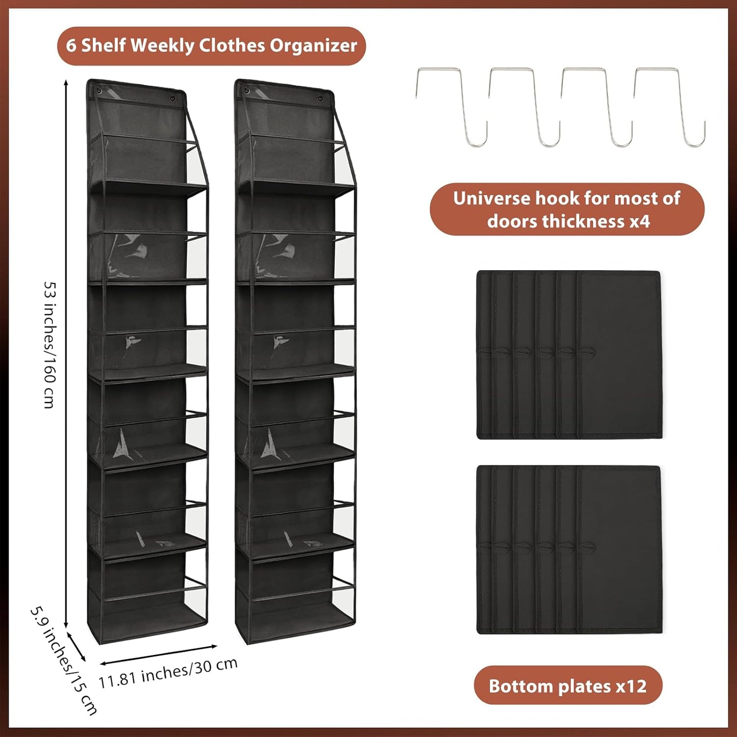 2 Pack Weekly Clothes Organizer for Kids, 6 Shelf Hanging Closet Organizer with Clear Window, Foldable Days of the Week Over the Door Outfit Organizer with Labels for Closet School