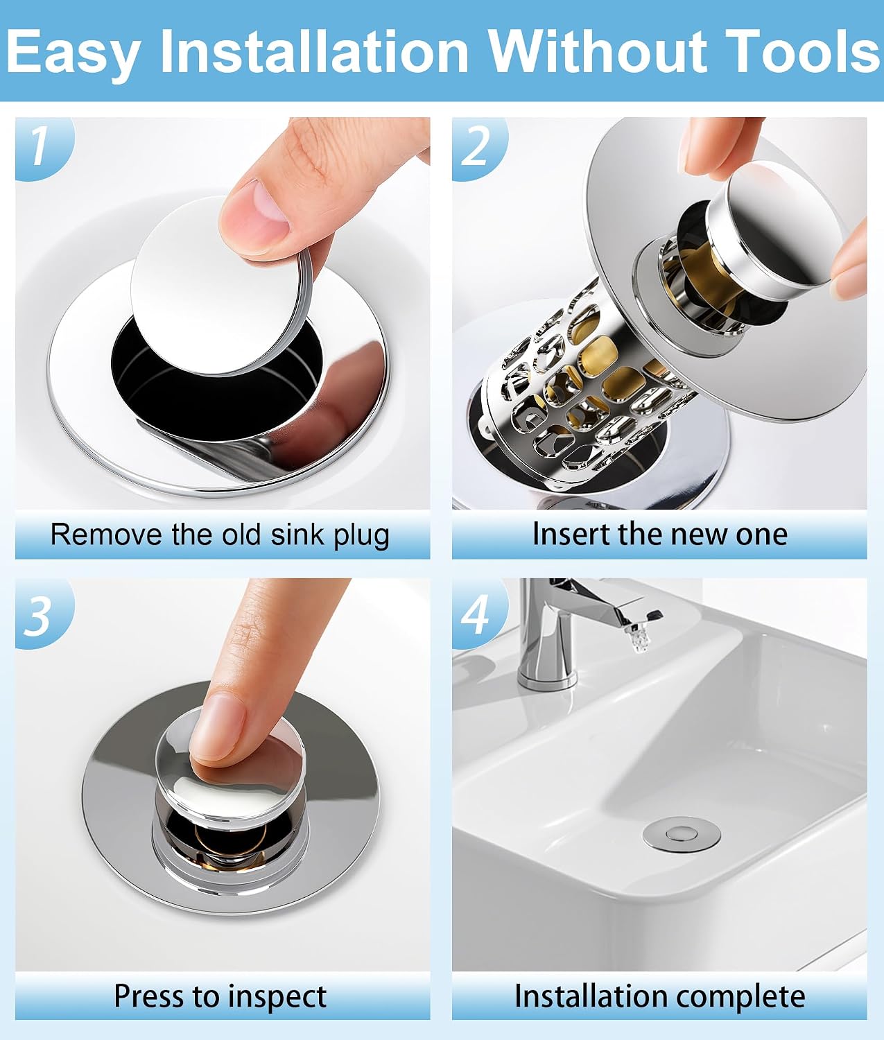QYHNYJF Bathroom Sink Stopper with Hair Catcher – Universal Pop-Up Drain Strainer for 1.1–1.5 inch US Standard Sink Drain Holes, Anti-Clog Basin Stopper, Silver
