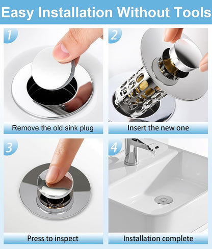 QYHNYJF Bathroom Sink Stopper with Hair Catcher – Universal Pop-Up Drain Strainer for 1.1–1.5 inch US Standard Sink Drain Holes, Anti-Clog Basin Stopper, Silver