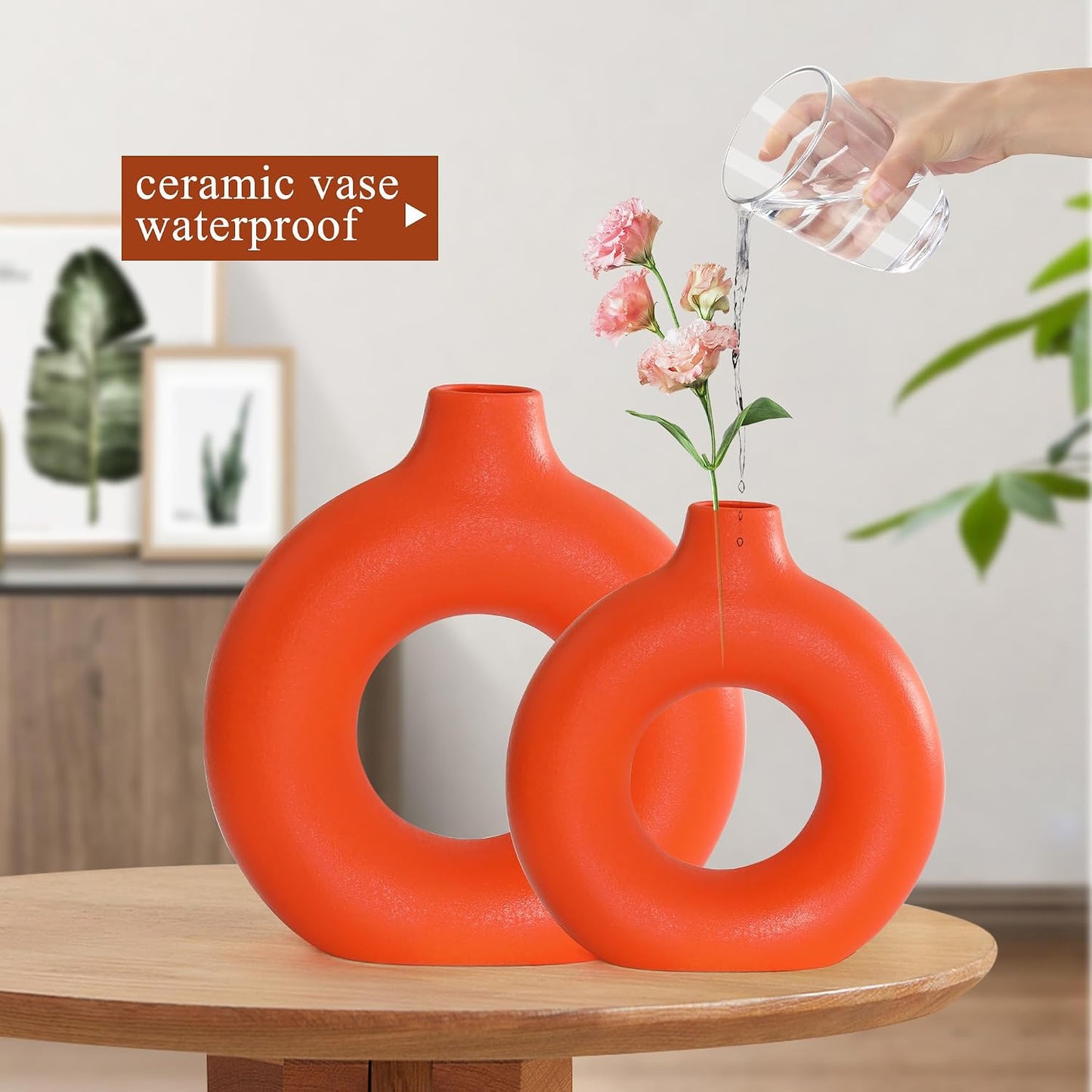 White Ceramic Donut Vase Set of 2, Hollow Matte Pampas Flower Vases for Boho Home Wedding Party Room Dinner Table Shelf Decor.（White）