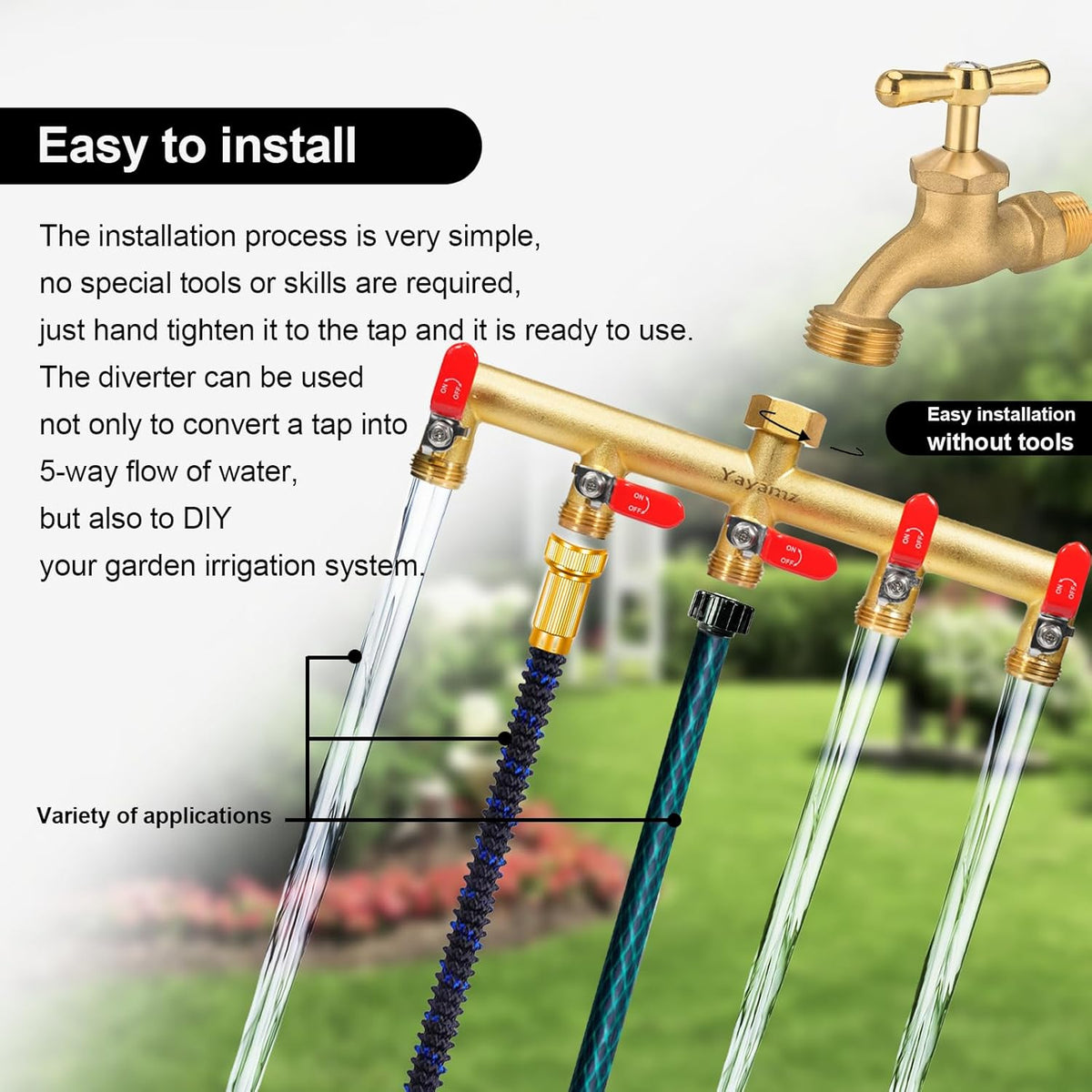 Garden Hose Splitter, 3/4” Rust and Freeze Resistant Outdoor Hose Manifold with 2 Green Extra Long Handles Faucet Adapter-Heavy Duty Brass 2-Way Valve