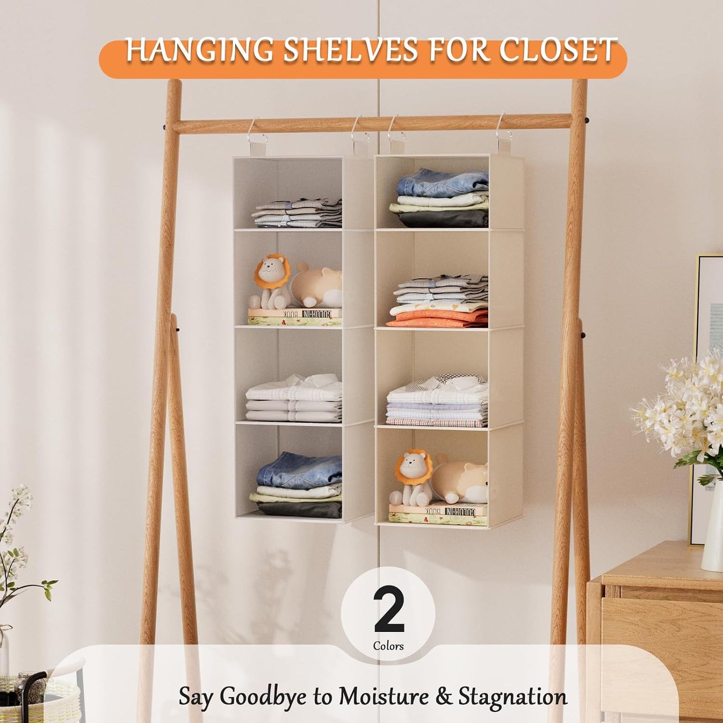 Hanging Shoe Organizer for Closet with 8 Shelves,Mesh Pockets-Wider Hanging Shelves for Shoes,Clothes,Hats with Sturdy Bamboo-Supported Design (Beige)