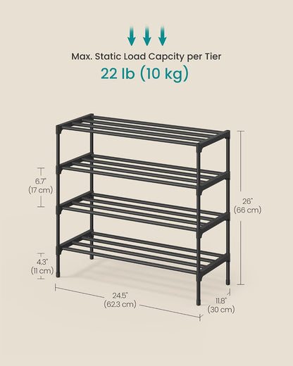 SONGMICS 2-Tier Shoe Rack for Closet, Compact Metal Shoe Organizer Shelf for Entryway, Bedroom, Small Spaces, Stackable, 11.8 x 24.5 x 12.2 Inches, Black ULSA122BH01
