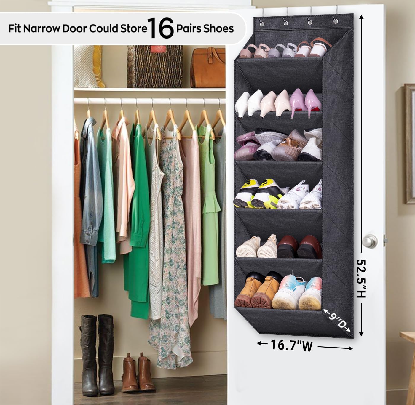 SLEEPING LAMB Over The Door Shoe Organizer for Closet with Large Deep Pockets, Narrow Shoe Rack for Door Hanging Boots Storage, Black