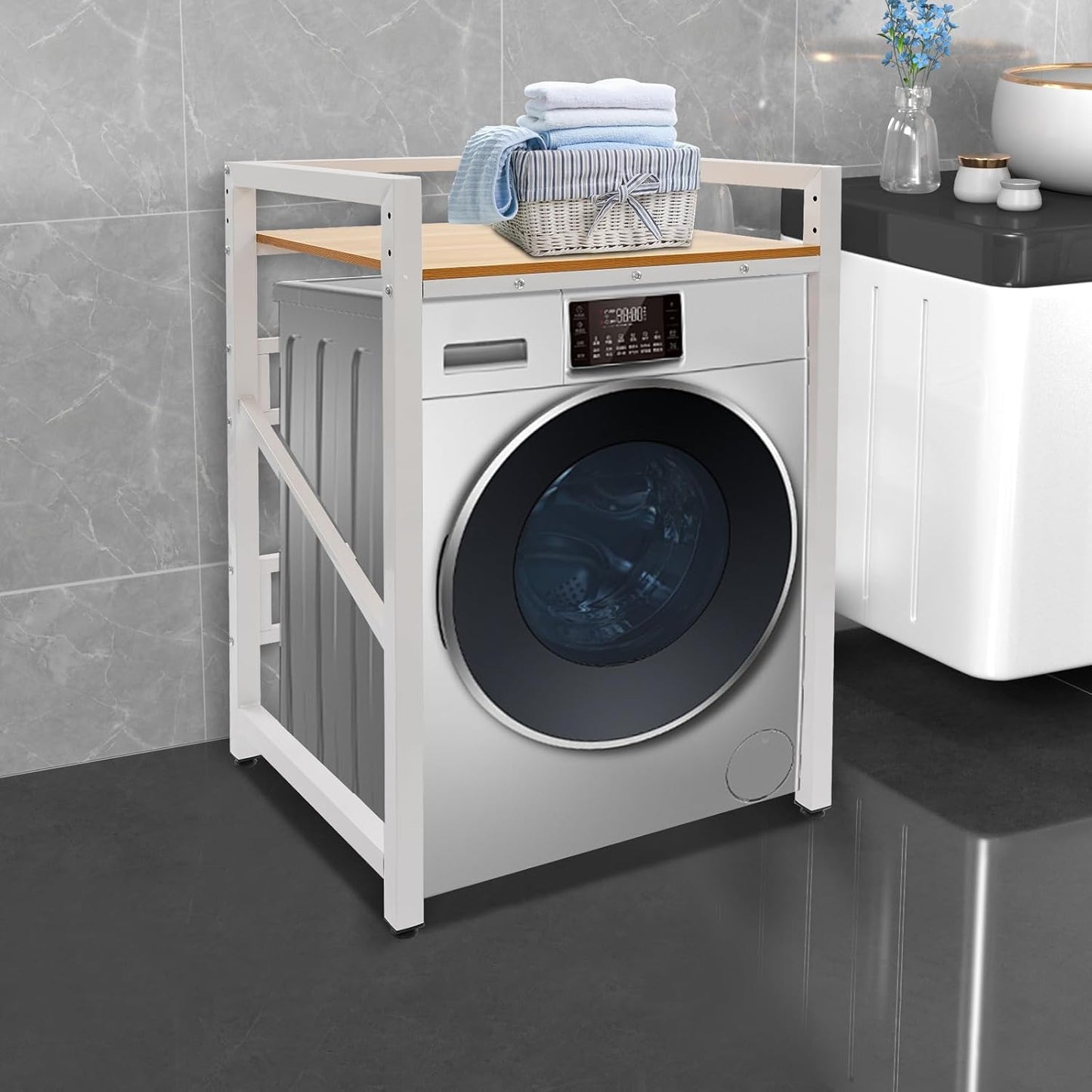Over Washer and Dryer Shelves,Dryer Storage Shelf,3 Tiers Laundry Room Storage and Organizer Standing Shelf,Height Adjustable Laundry Room Shelves, Load-Bearing Capacity 22lbs (Log)