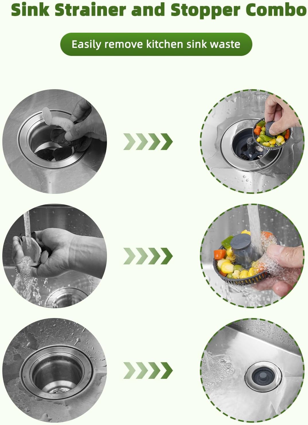 All Metal Sink Drain Strainer for Kitchen Sink, Universal Fit | Pop Up 3-in-1 Sink Stopper Drainer, 304 Stainless Steel Basket for US Standard 3-1/2 inch Drain Filter, Anti-clog