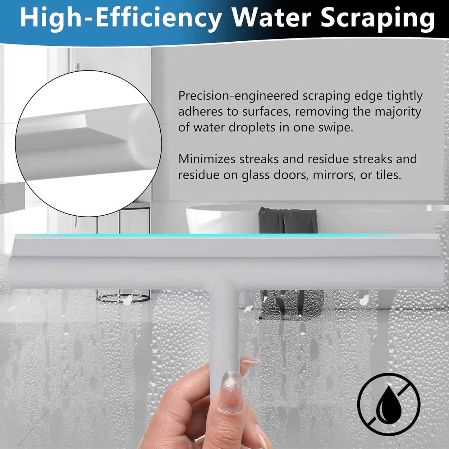 Squeegee for Shower Glass Doors, Resilient Loop - No-Drill & Adhesive Hook, Silicone Shower Squeegee with Stainless Steel Core, Cleaning Tool for Home, Kitchen, Bathroom & Car - Black