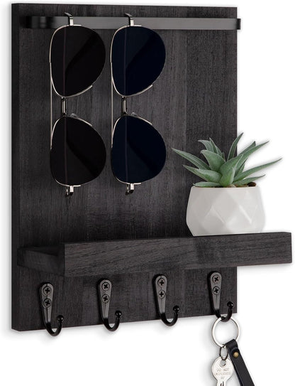 Key Holder Wall Mount, Key Holder for Wall with 4 Hooks, Farmhouse Key Hanger Holds Dog Leash, Sunglasses – Decorative Mail Organizer Home Decor (Black)