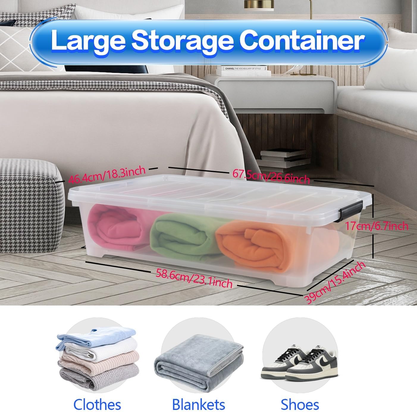 Gloreen 3 Pack Large Under Bed Storage Boxes with Wheels, 50 Quart Clear Plastic Lidded Storage Bins