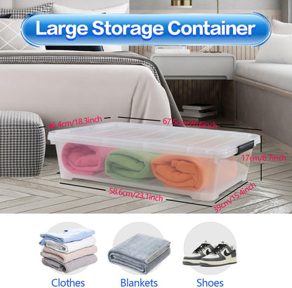 Gloreen 3 Pack Large Under Bed Storage Boxes with Wheels, 50 Quart Clear Plastic Lidded Storage Bins