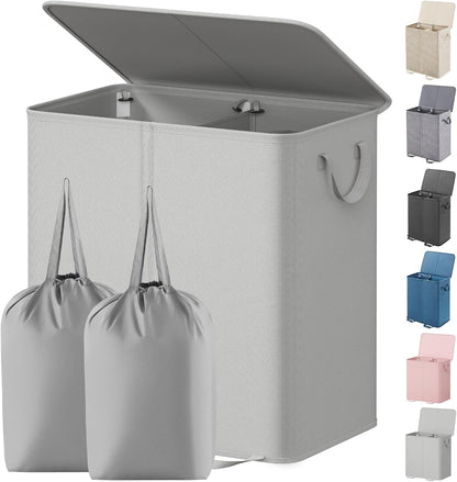 Lifewit Double Laundry Hamper with Lid and Removable Laundry Bags, Large Collapsible 2 Dividers Dirty Clothes Basket with Handles for Bedroom Laundry Room Closet Bathroom College, 136L Beige