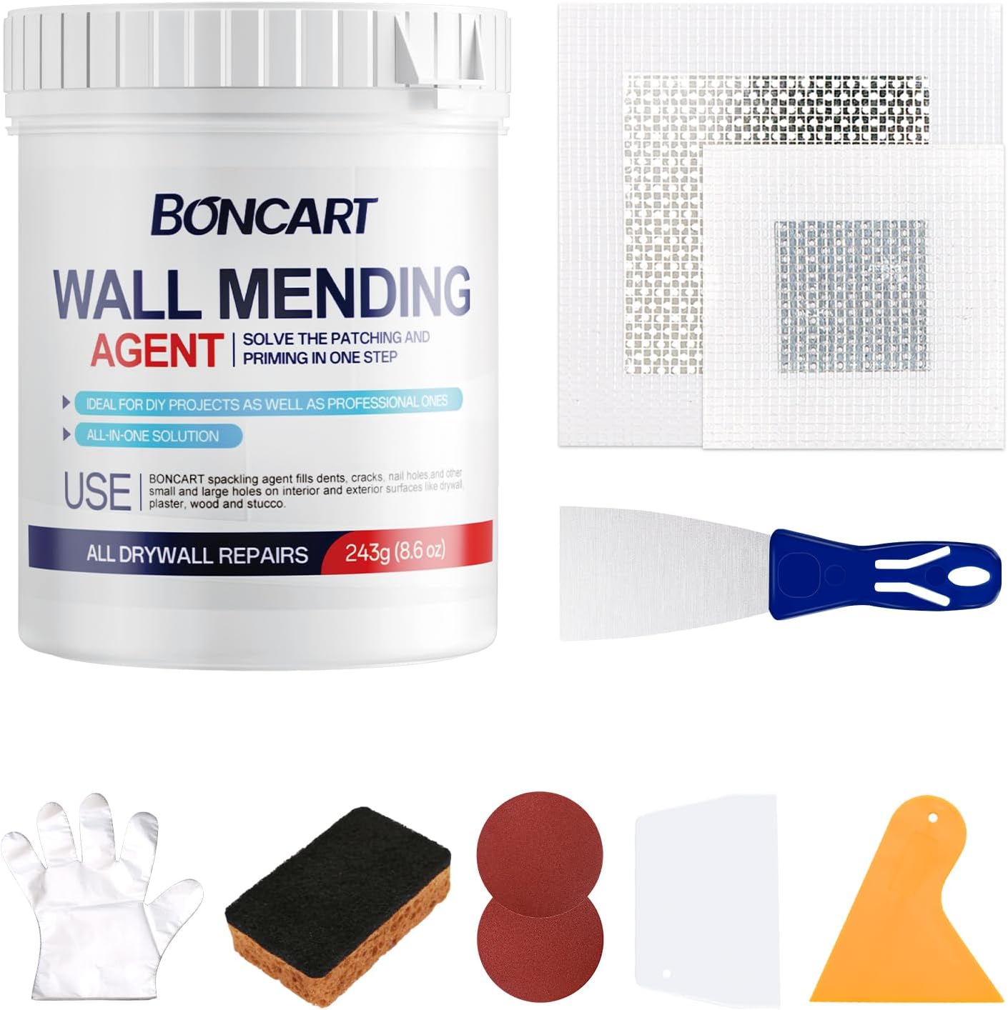 BONCART 8.6oz Drywall Patch Repair Kit - Professional All-in-1 Tool Set (Scrapers/Sandpaper/Texture Sponge/Gloves/Putty Knife) for Fast Wall Hole Repair