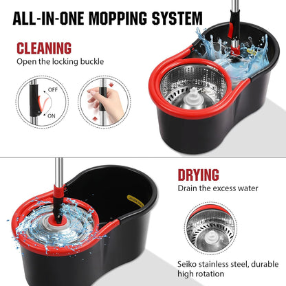 Spin Mop and Bucket with Wringer Set, 360° Spinning Mop Bucket System with 3 Microfiber Mop Replacement Heads and 50" Stainless Steel Adjustable Handle for Floor Cleaning