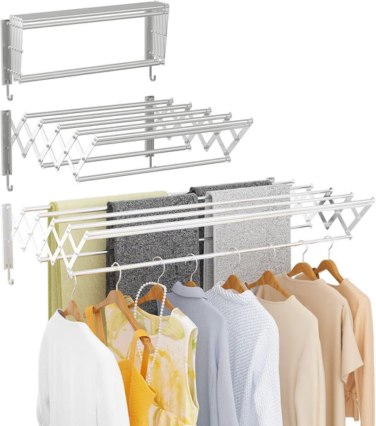 | Clothes Drying Rack Wall Mounted with Hooks - Foldable & Removable Laundry Drying Rack, Extendable 21"-39.4", 110lbs Heavy Duty Drying Rack with 7 Stainless Steel Rods for in & Out Door