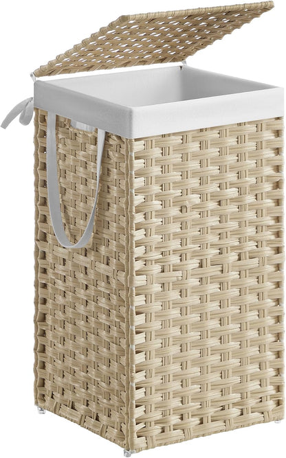 SONGMICS Laundry Hamper with Lid, 23.8 Gallon (90 L) Synthetic Rattan Clothes Laundry Basket with Lid and Handles, Foldable, Removable Liner, Chestnut Brown ULCB051K02