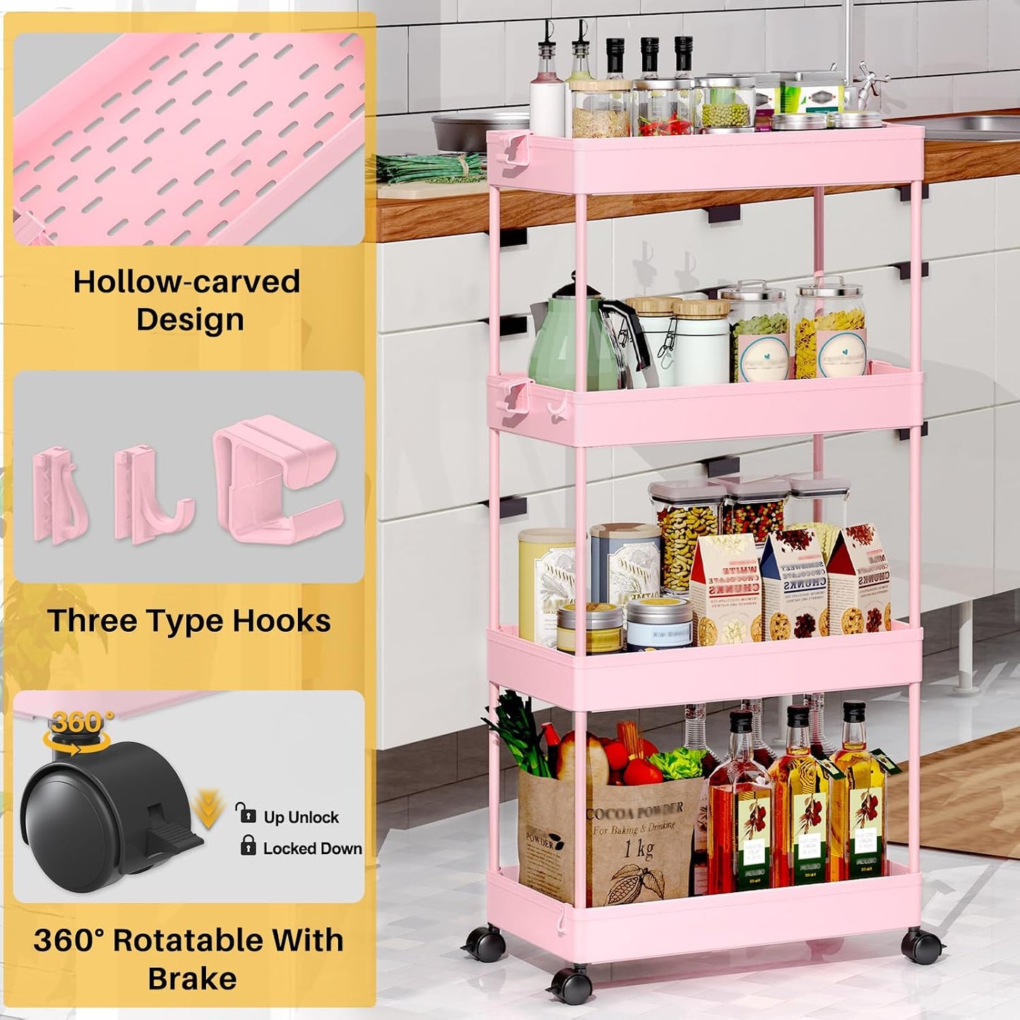 SPACEKEEPER 5-Tier Rolling Cart, Bathroom Storage Organizer Utility Cart, Mobile Shelving Unit Slide Out Shelves for Kitchen Living Room Laundry Room & Dressers, Black