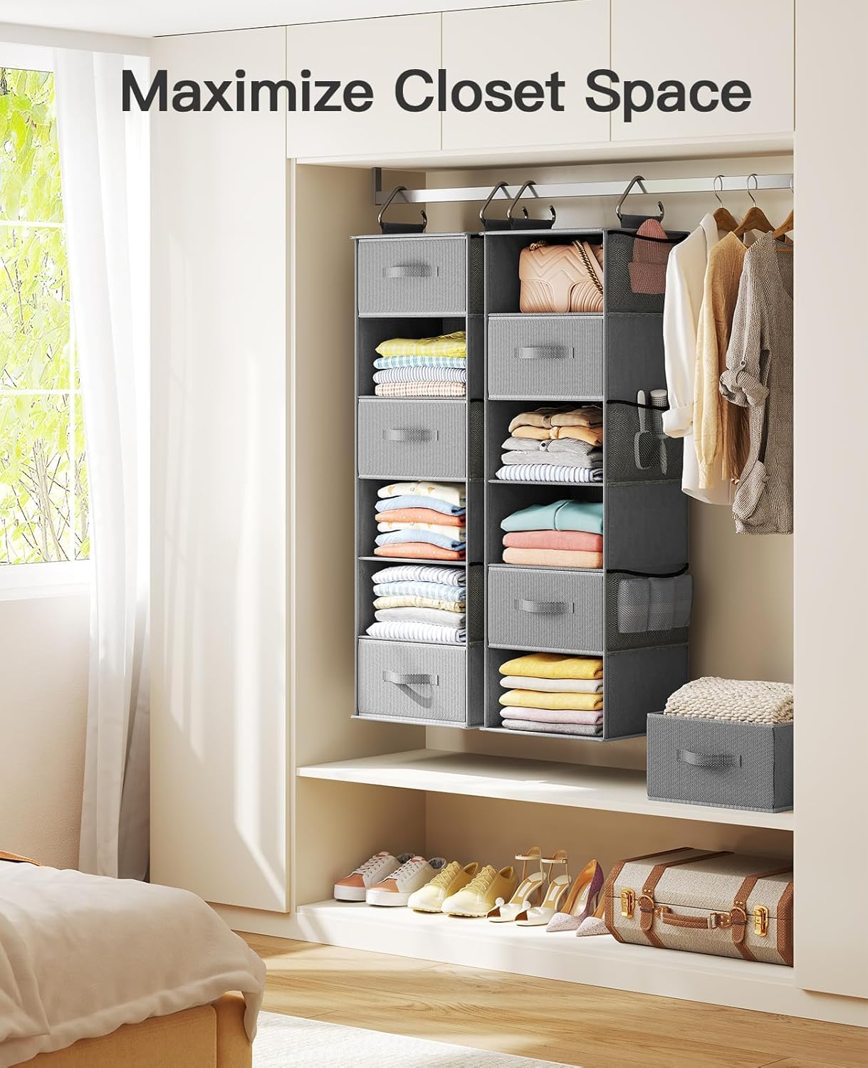 Pipishell Hanging Closet Organizer 6-Shelf, Hanging Shelves for Closet with 3 Removable Drawers & Side Pockets for Bedroom, Garment Rack and Wardrobe Organization, 12' x 12' x 43.3', Dark Gray