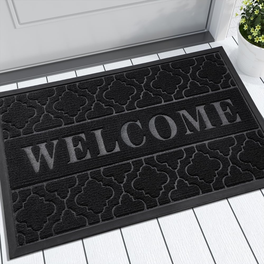Yimobra Welcome Mat Outdoor Indoor, All-Weather Waterproof Front Door Mat Outside Entrance, Non-Slip Low Profile Porch Patio Doormat, 29.5x17, Black