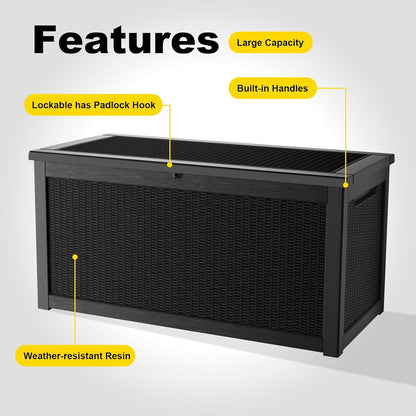 PatioZen 100 Gallon Resin Deck Box, Lockable Patio Outdoor Storage Box for Furniture, Garden Tools and Tools Storage, Waterproof Outside Storage Boxes - Black
