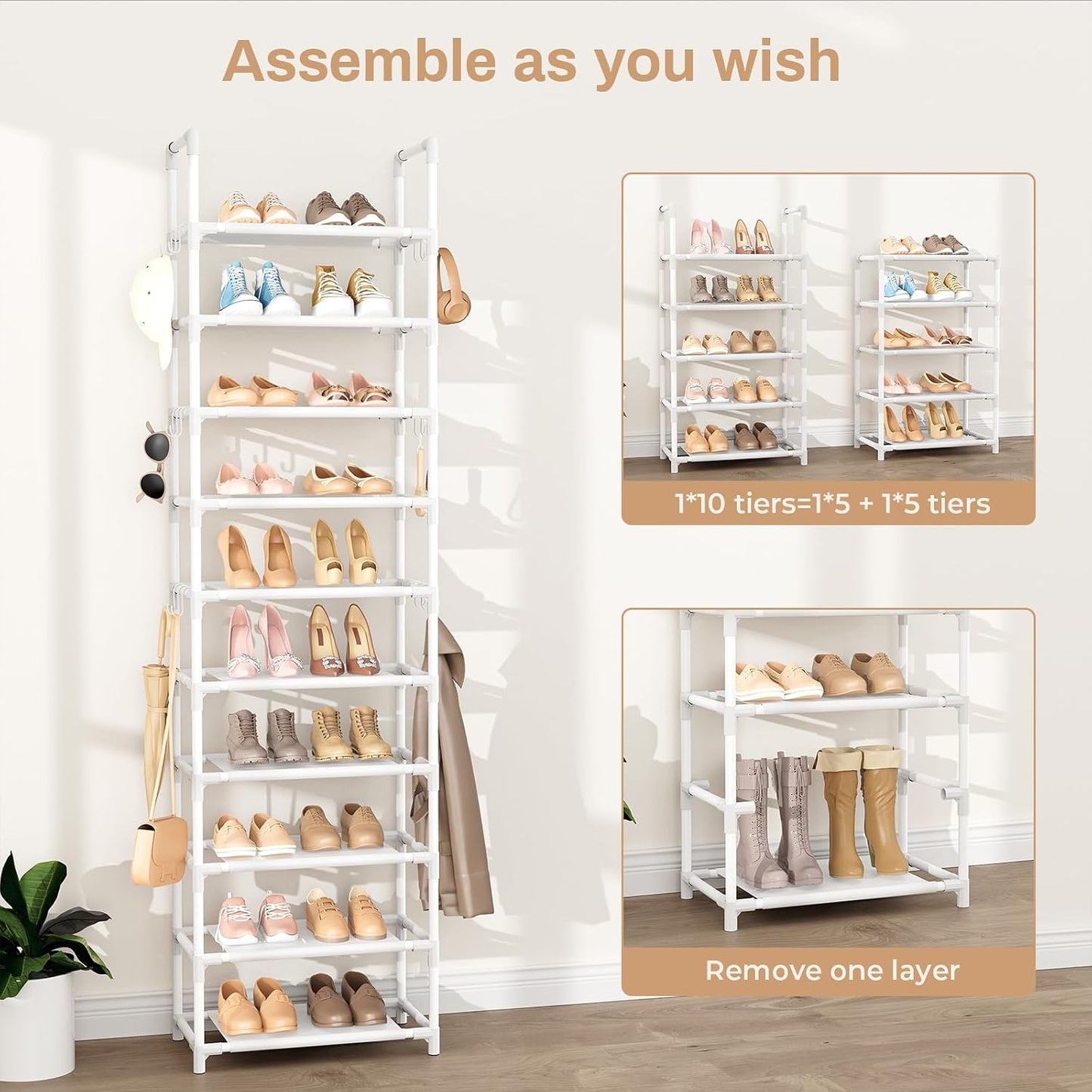 VTRIN 10 Tiers Tall Shoe Rack Holds 20-25 Pairs of Shoes Sturdy Vertical Shoe Organizer with 18pcs Hooks Stackable Narrow Shoe Rack for Closet, Entryway Black