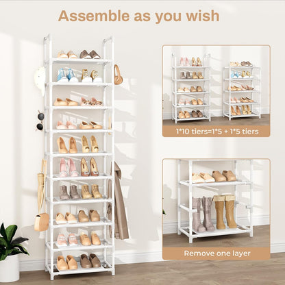 VTRIN 10 Tiers Tall Shoe Rack Holds 20-25 Pairs of Shoes Sturdy Vertical Shoe Organizer with 18pcs Hooks Stackable Narrow Shoe Rack for Closet, Entryway Black