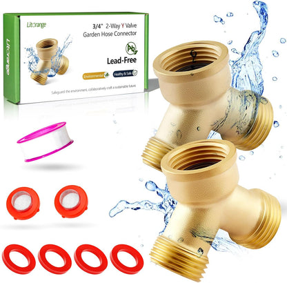 Litorange 1 PCS Lead-free Brass Body Backyard 2 Way Y Valve Garden Hose Connector MHT 3/4" Inch Thread Splitter Adapter + 2 Rubber Hose Washers