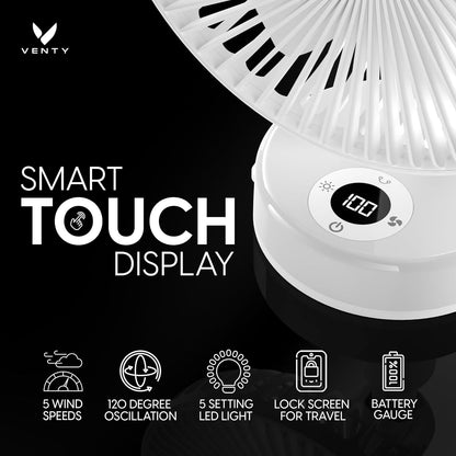 VENTY Portable Clip Fan - Rechargeable 10-Hour Battery Portable Fan - 360° Rotation & 90° Tilt - Stroller, Desk or Bedside - Aromatherapy & LED Light - USB-C cable & Carrying Pouch