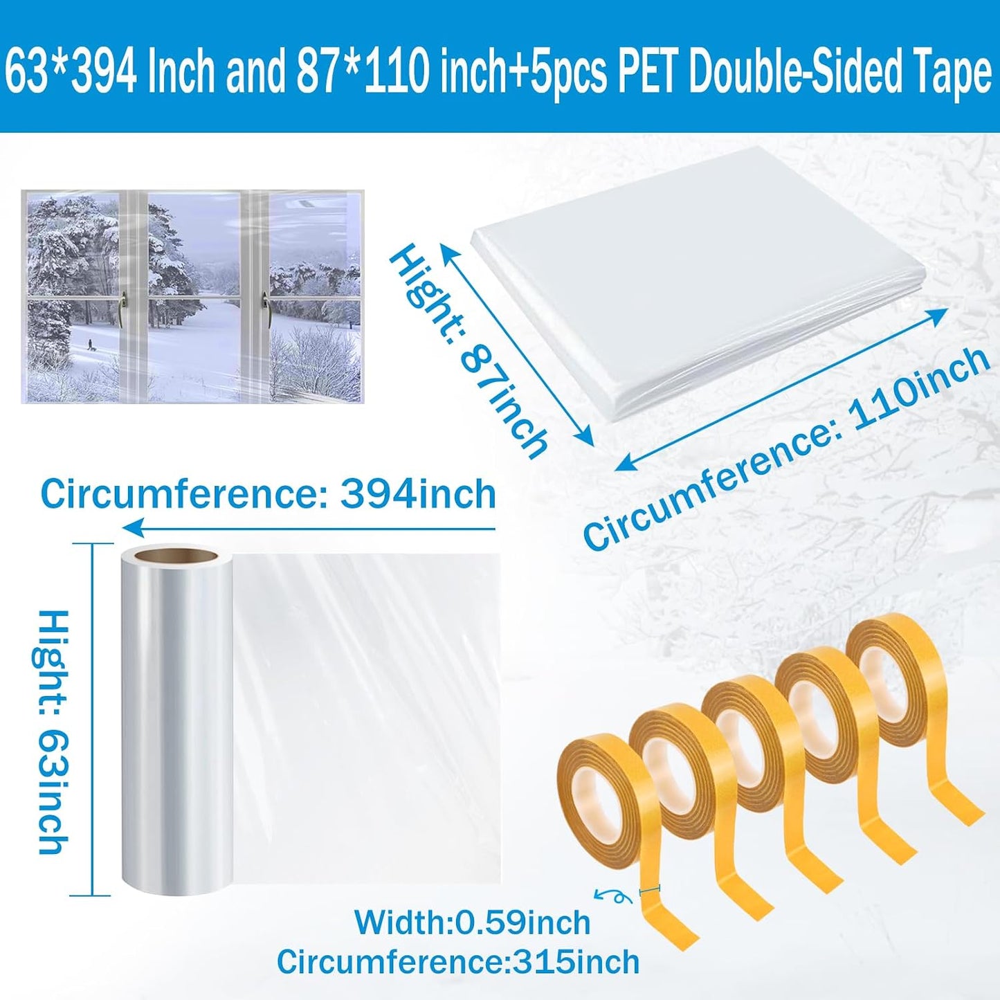 Window Insulation Kit, 63 × 394 Inch Plastic Window Covering for Winter, Window Insulation Film Window Wrap Insulation Windows Winterizing Kit with Double-Sided Tape for 10 Pcs 3 x 5 Ft Windows