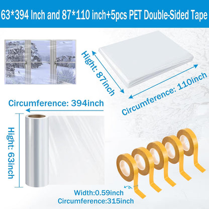Window Insulation Kit, 63 × 394 Inch Plastic Window Covering for Winter, Window Insulation Film Window Wrap Insulation Windows Winterizing Kit with Double-Sided Tape for 10 Pcs 3 x 5 Ft Windows
