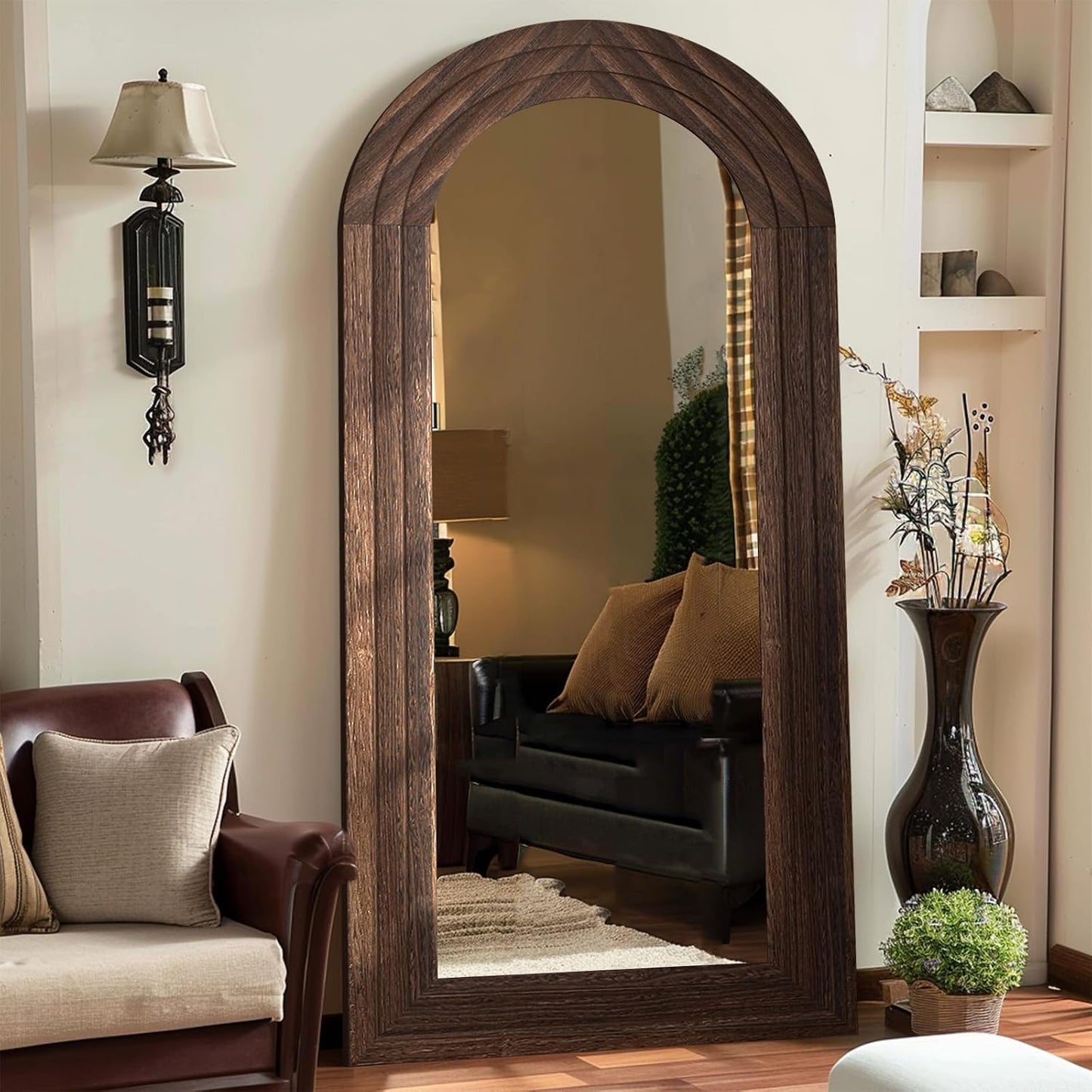 ZHUNFA Arched Full Length Mirror with Solid Wood Frame | 65x22 Farmhouse Wall Mirror Full Length with Stand, Vertical Hanging, Leaning Standing for Bedroom,Living Room, Rustic White