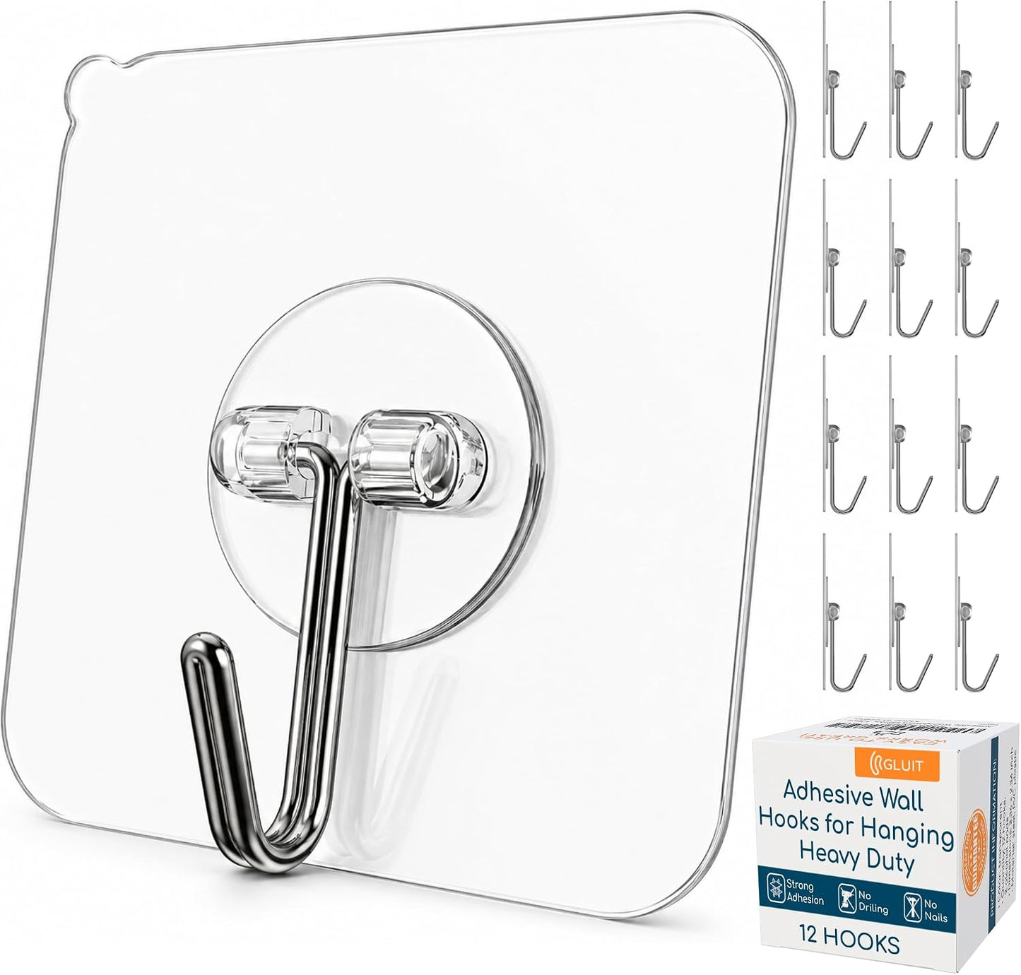 GLUIT Adhesive Wall Hooks for Hanging Heavy Duty 22 lbs Hooks for Walls No Drill, Towel Sticky Clear Hook, Waterproof, Home, Bathroom, Kitchen, Office, and Outdoor 12 Pack