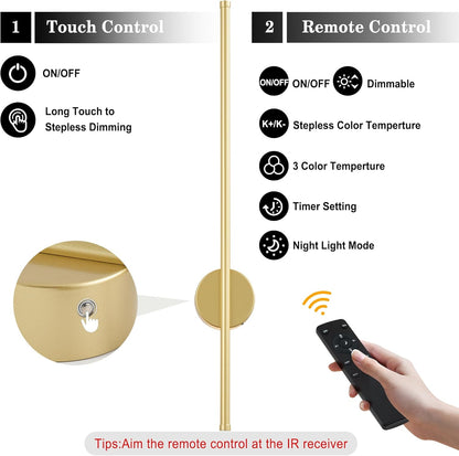 Battery Operated Modern Wall Sconces, Dimmable Wireless Wall Light Set of Two with Remote Control, 3 Color Temperatures, Rechargeable LED Wall Sconce for Bedroom, Living Room, Hallway, 23.6 Inch Brass
