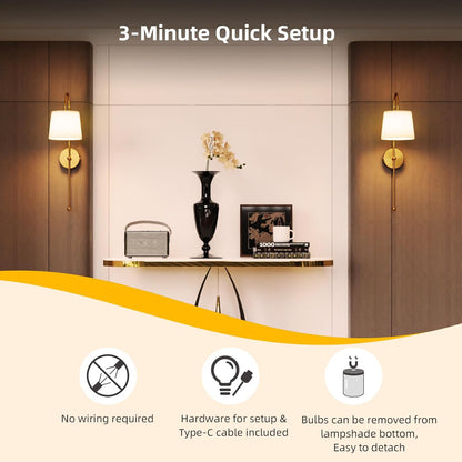 Battery Operated Wall Sconce Set of 2, Rechargeable Wireless Wall Decor Sconces, Two Battery Powered Wall Lights, Dimmable Magnetic RGB Bulbs & Remote, Lamp for Living Room Bedroom - Gold
