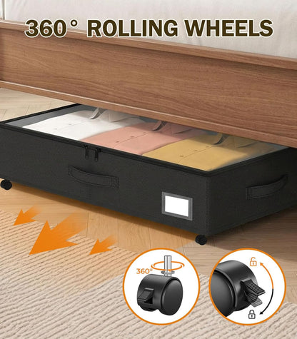 Under Bed Storage with Wheels, 10 inches Under Bed Storage Containers, 65L XXL Large Adjustable Underbed with Lids, Rolling Underbed Storage bins for Shoes, Clothes, Blankets, White