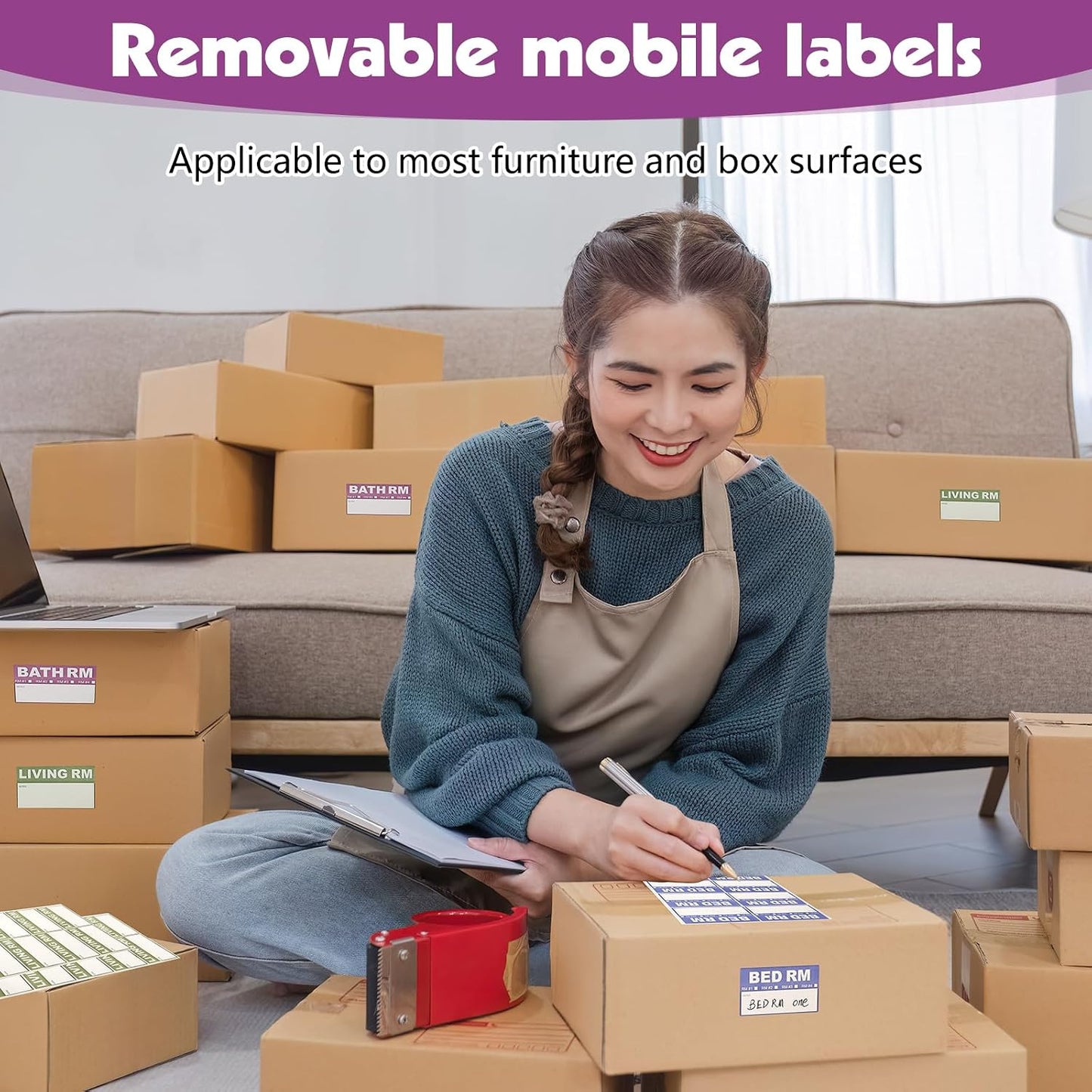 200 Count Removable Moving Labels, 3.4 x 2 in, 9 Colors with Pen | Waterproof Synthetic Paper, Writable, Tear Resistant, Color Coded Room Labels, Fragile/Heavy/Blank, Residue-Free Removal