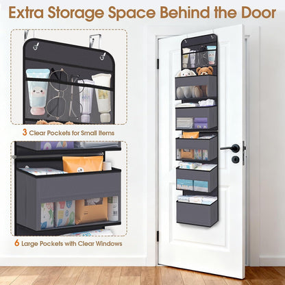 WISELIFE Over The Door Organizer Storage with 4 Large Pockets Door Hanging Organizer with Clear Windows behind The Door Storage for Nursery Bedroom Bathroom Pantry Closet and Baby Essentials Dark Grey