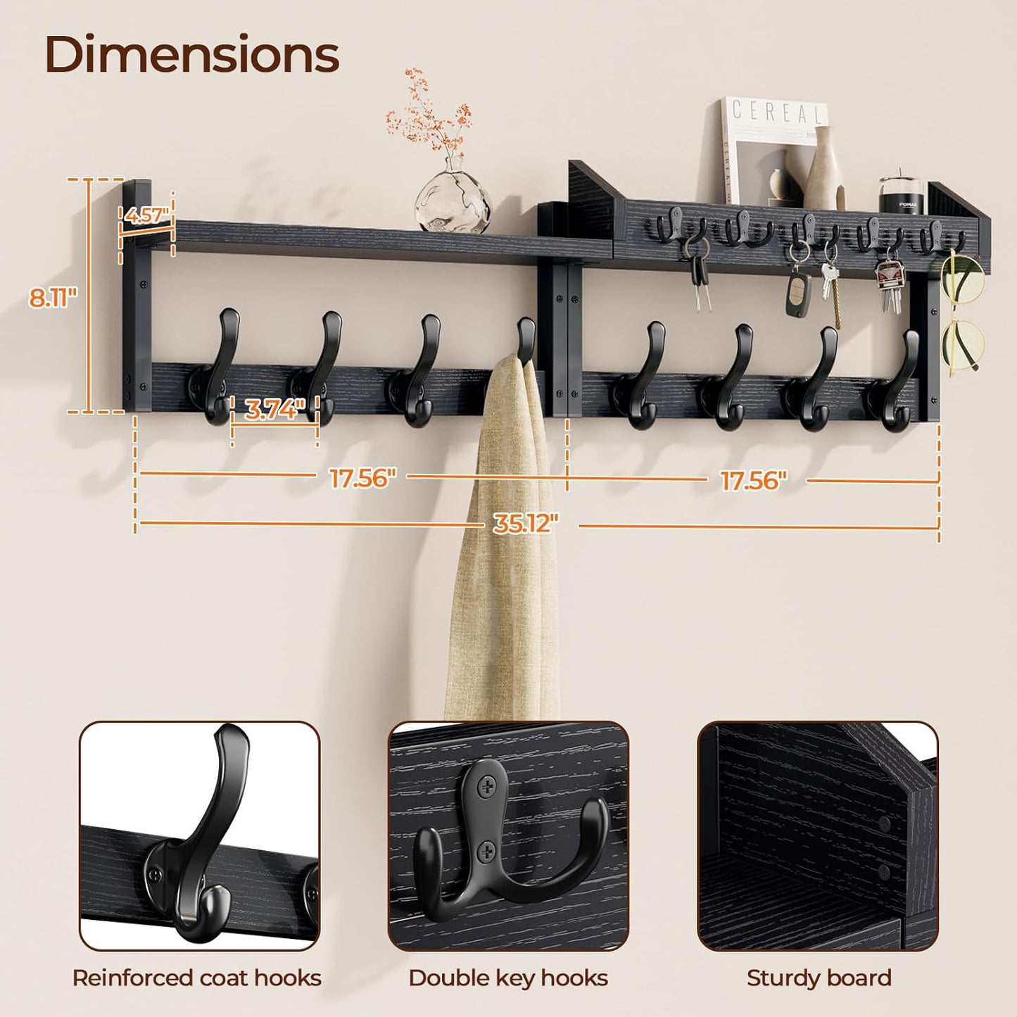 Evermagin 29" Coat Rack Wall Mount with Shelf, 4 in 1 Coat and Key Hanger with 11 Metal Hooks, Entryway Wall Mounted Shelf with Mail Holder for Living Room, Bedroom, Rustic Brown