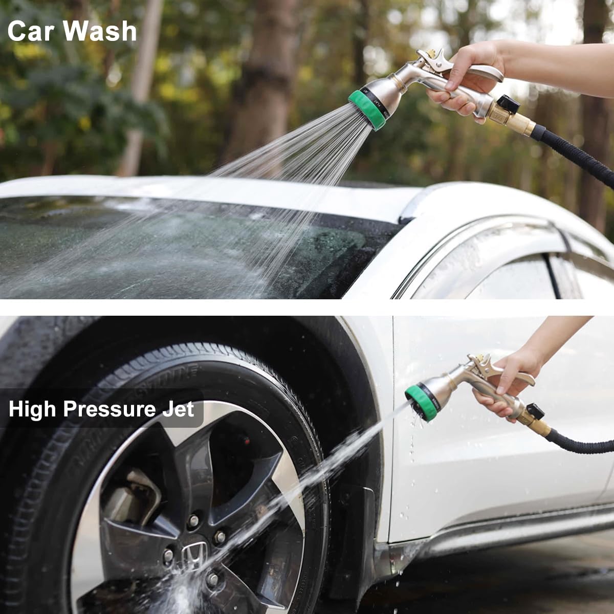 FANHAO Heavy Duty Garden Hose Nozzle, 100% Metal Water Nozzle with 8 Adjustable Spray Patterns, High Pressure Hose Sprayer with Non-Slip Grip for Watering Plants & Lawns, Washing Cars & Pets -Silver