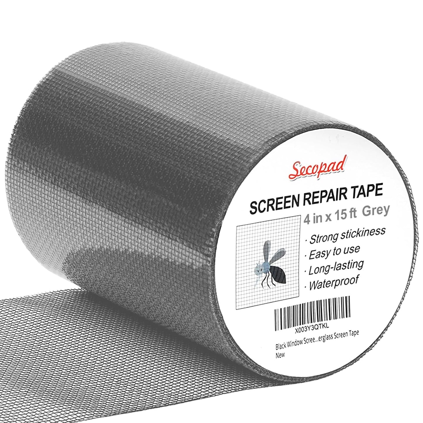 Secopad Grey Window Screen Repair Kit, 4 in X 30 FT (360IN) Screen Repair Tape for Windows or Doors, Strong Adhesive Fiberglass Mesh Patch Tape
