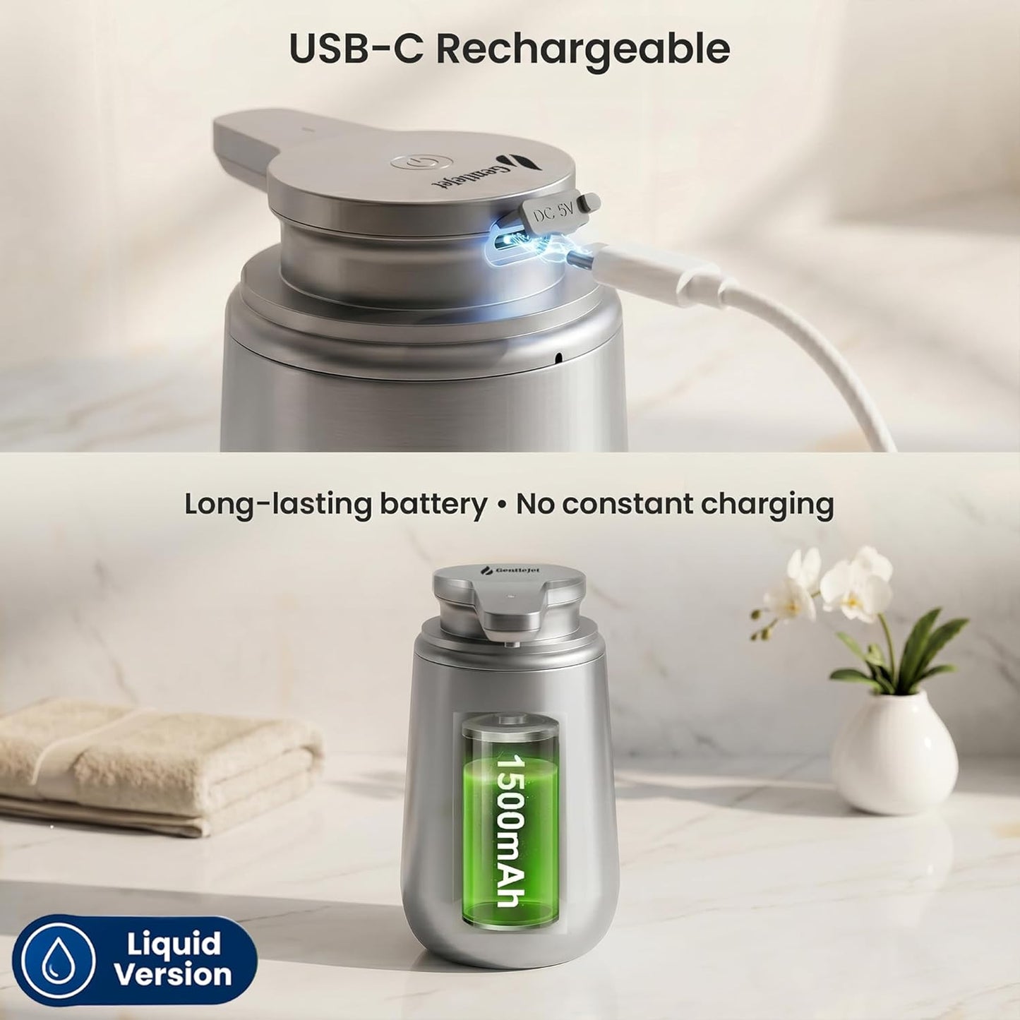 GentleJet NovaJet Automatic Foaming Soap Dispenser – Touchless Sensor, USB-C Rechargeable, 304 Stainless Steel, IPX5 Waterproof for Bathroom Kitchen Sink, 12 oz / 350 ml