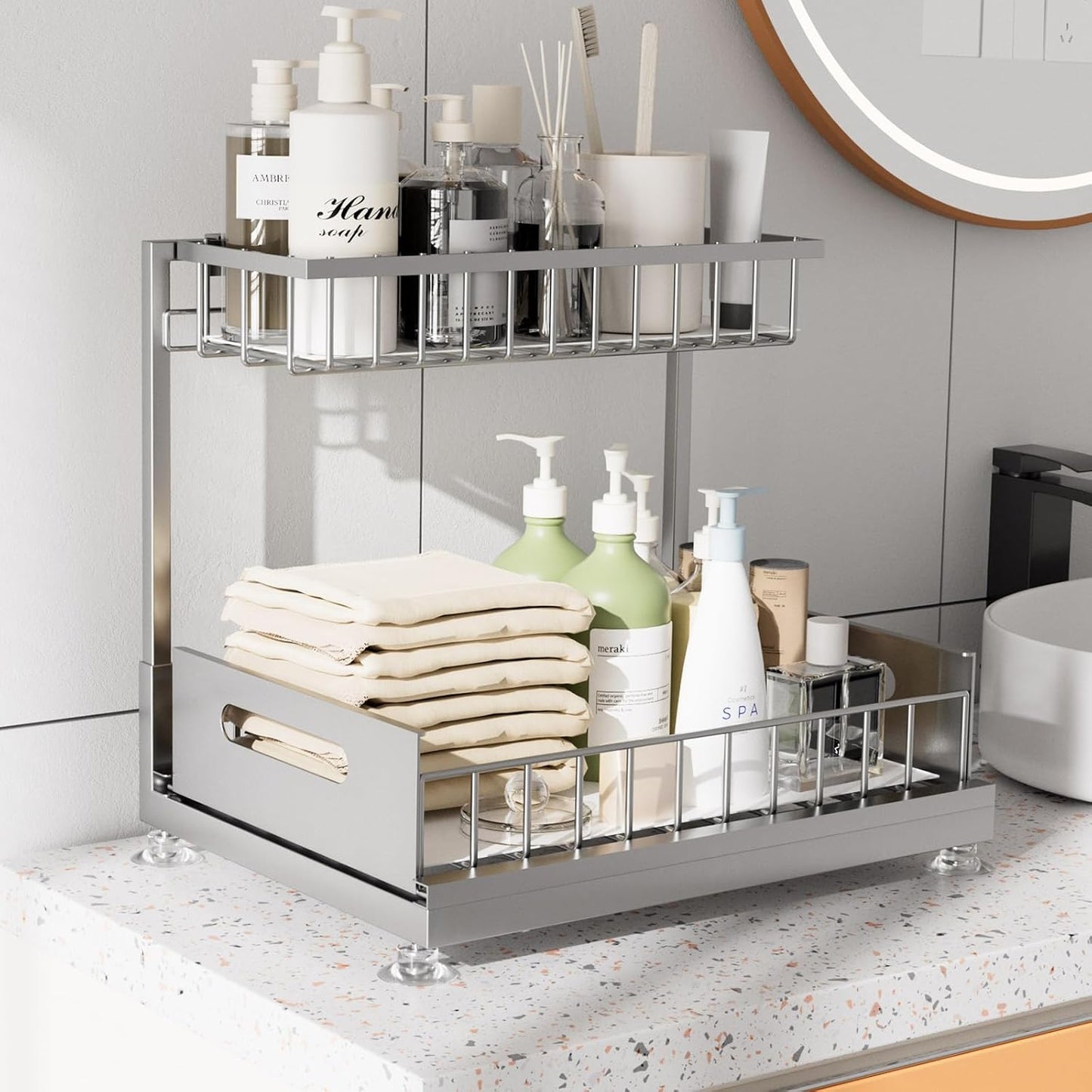 Saydear Under Sink Organizer Storage 2-Tier Premium Metal Pull-Out Kitchen Cabinet Organizer with Sliding Drawer, Height Adjustable, Heavy Duty for Kitchen & Bathroom Organizers 2 Pack Black