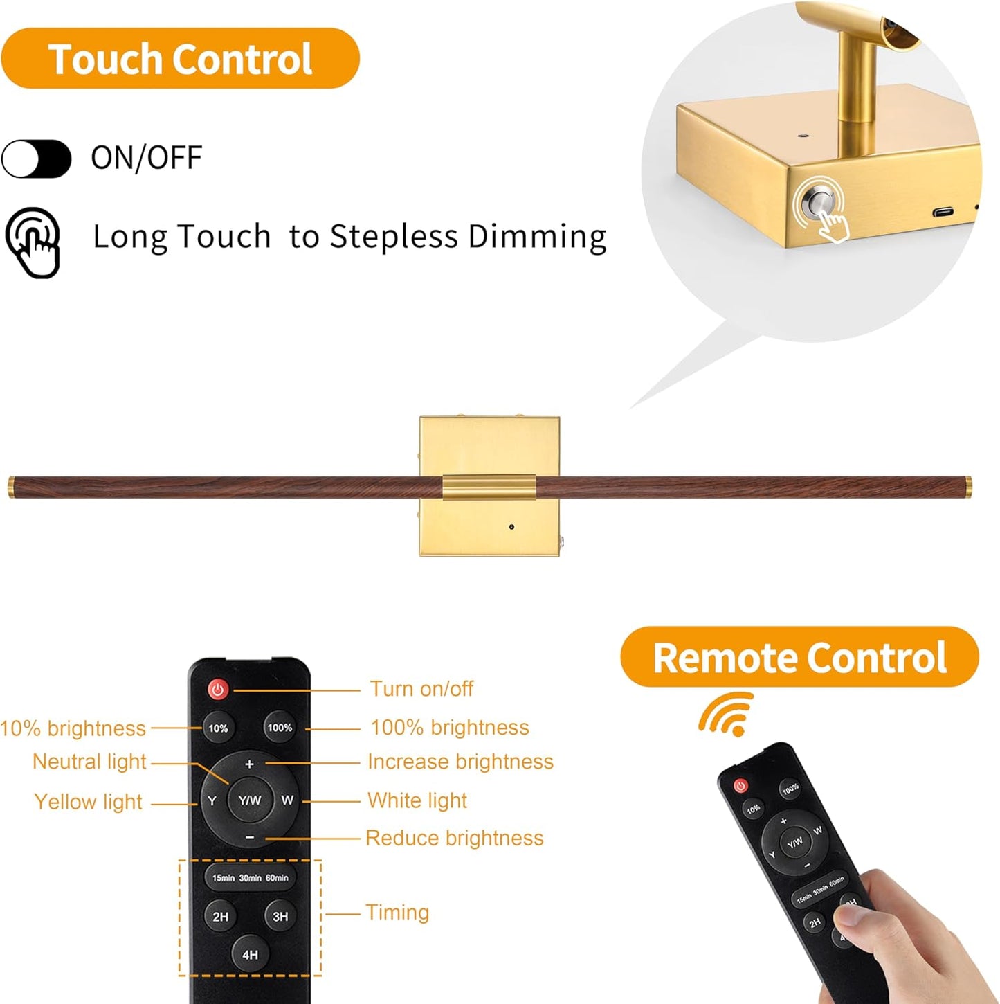 Morauroral Battery Operated Wall Sconces Set of 2, 10000mAh Rechargeable Sconces, 3000K-6000K Dimmable LED Wall Lamp with Remote, 24 Inch Black Gold Wireless Wall Lights for Bedroom, Living Room