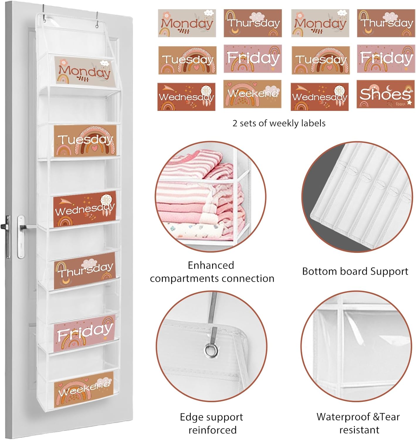 2 Pack Weekly Clothes Organizer for Kids, 6 Shelf Hanging Closet Organizer with Clear Window, Foldable Days of the Week Over the Door Outfit Organizer with Labels for Closet School