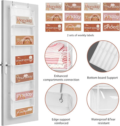 2 Pack Weekly Clothes Organizer for Kids, 6 Shelf Hanging Closet Organizer with Clear Window, Foldable Days of the Week Over the Door Outfit Organizer with Labels for Closet School