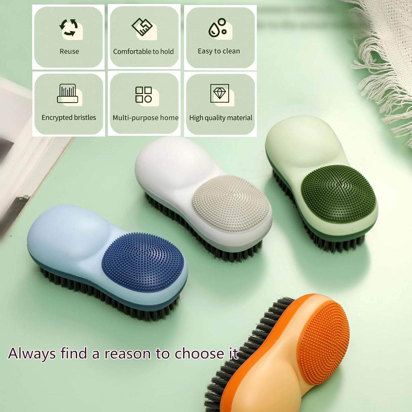 Two-Sided Laundry Stain Remover Brush, Green | Soft Silicone Bristle Side for Delicate Fabrics Knits, Hard Bristle Side for Tough Stain, Easy to Grip, Hand Washing Clothes