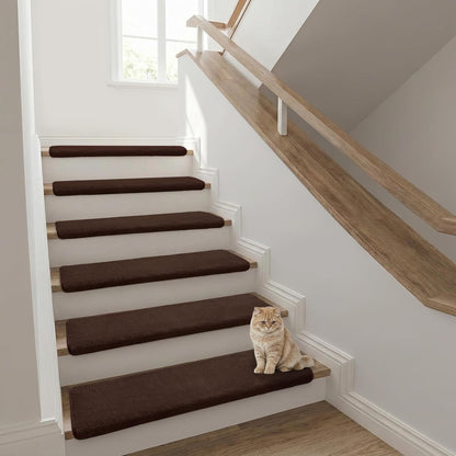Bullnose Stair Treads Non Slip 9.5" x 32", 14 Pcs Ultra Plush Carpet Stair Treads for Wooden Steps Indoor with Edge Protection, Reusable Peel and Stick TPU Backing Stair Runner Rugs - Beige Gray